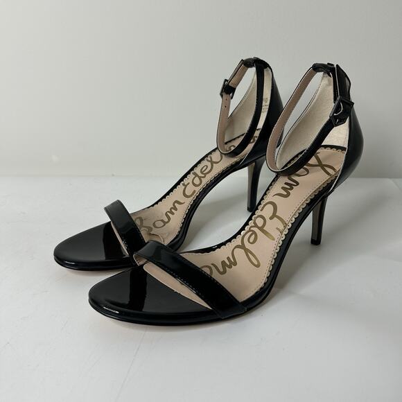 Sam Edelman Patti Ankle Strap Sandals Heels Women’s 8 Black Patent Leather Flaw - Picture 1 of 9